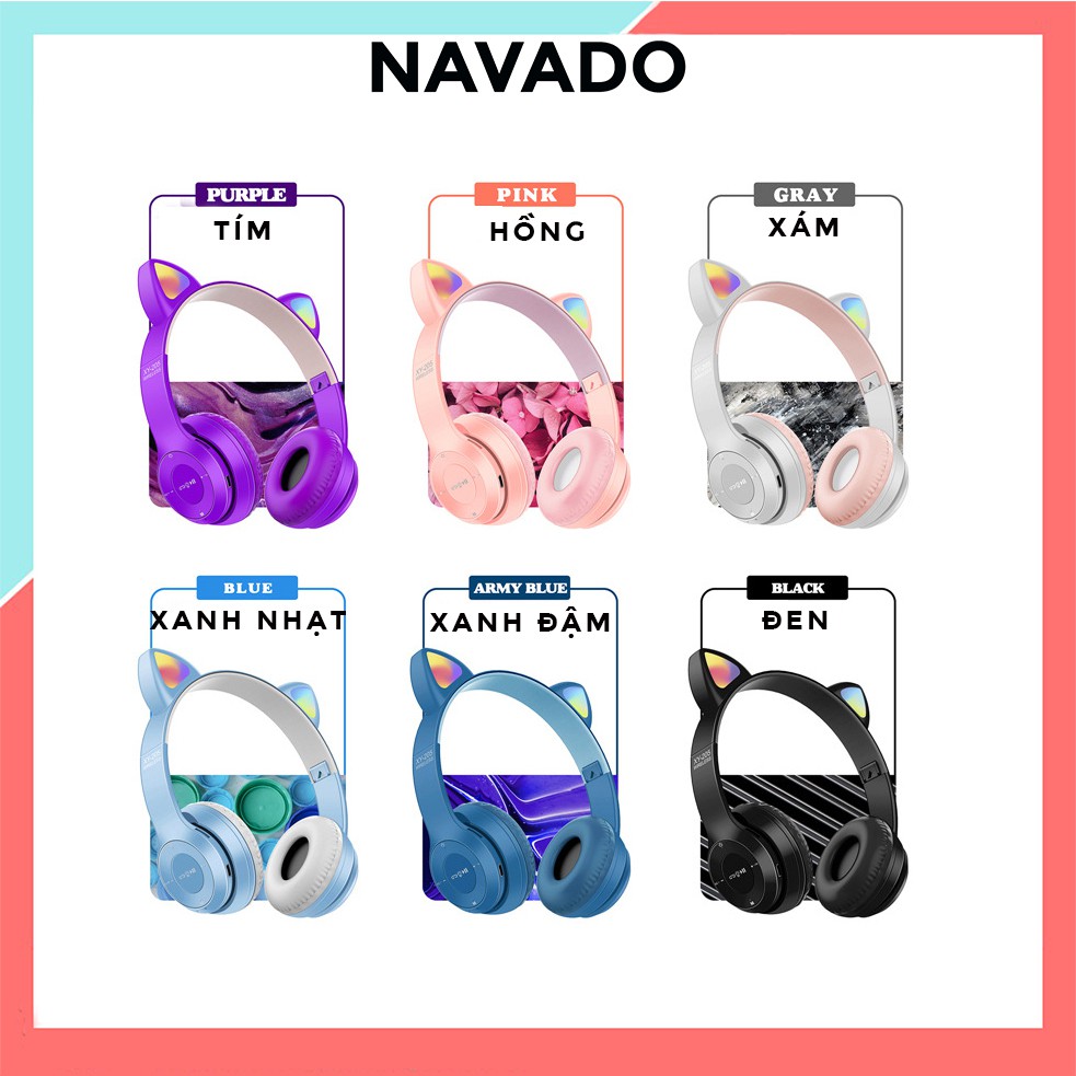 Tai Nghe Bluetooth P47-M Chụp tai có Mic Headphone không dây Dễ Thương tai mèo nghe nhạc, chơi game, cho bà bầu NAVADO