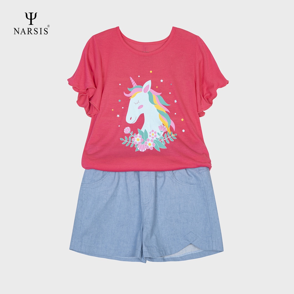 Bộ đồ hè bé gái Narsis KM1010 chất liệu cotton áo hồng quần bò