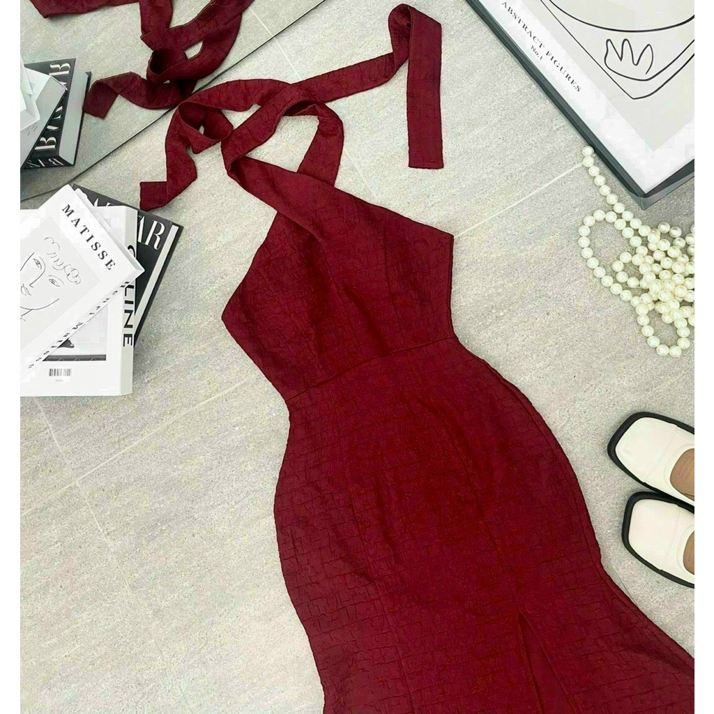 [ 8.8 Sales Freeship] Đầm nữ ôm body, đầm đỏ cổ chéo hở lưng xẻ tà dáng dài, đầm đũi đỏ cổ yếm cột dây quyến rũ tôn dáng