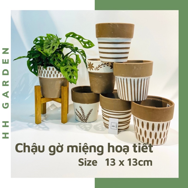 Chậu đất nung Gờ miệng hoạ tiết, Chậu Wax vintage, Size 13x13cm Terracotta pots