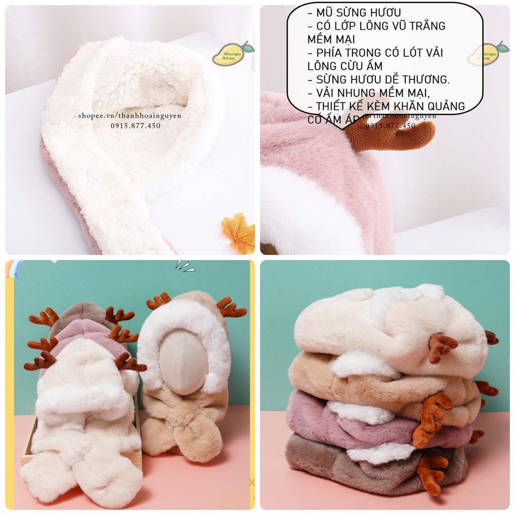 [VIDEO THẬT ] Mũ trẻ em mùa đông lót lông sừng hươu cute ( Mũ kèm khăn lót lông ấm tai gấu thỏ cho bé )