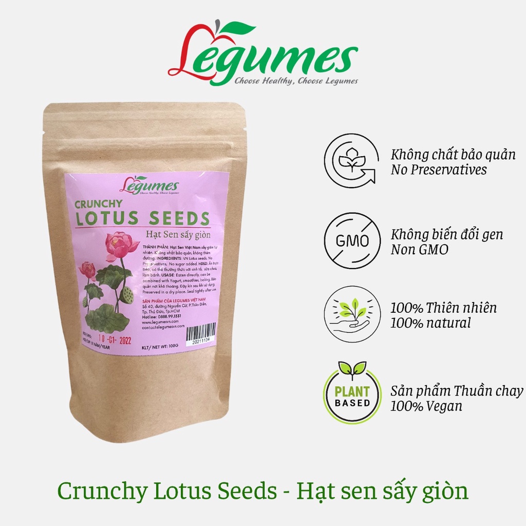 Hạt sen sấy giòn tự nhiên, không phụ gia và không chất bảo quản - Crunchy Lotus Seeds - Légumes Việt Nam
