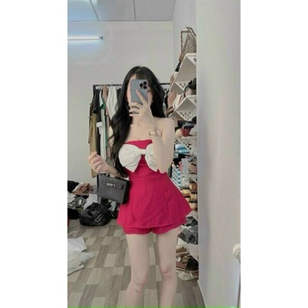 Set đồ nữ đi chơi 2 món với quần short lưng cao kèm áo kiểu nữ 2 dây phối nơ cực đẹp