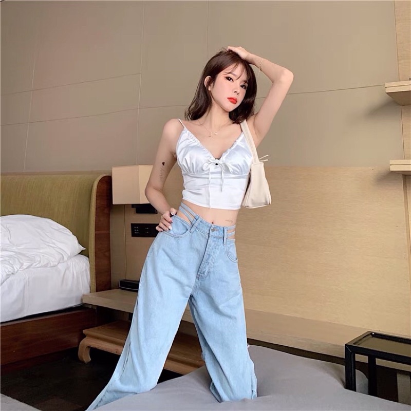 [ORDER-CÓ BIG SIZE] Quần bò jeans ống rộng cách điệu eo dây sexy Ulzzang eo cao tôn dáng siêu xinh ❤️