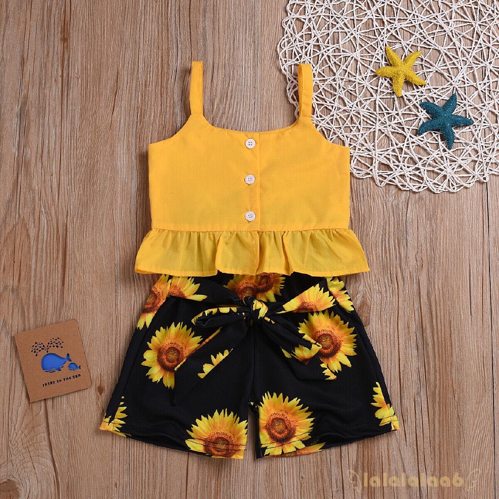 Set áo crop top + quần ngắn in hoa hướng dương cho bé gái