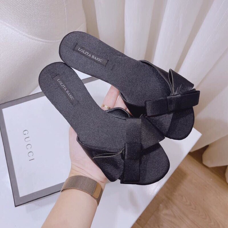 Dép Nữ Dép Lê Nữ Quai Ngang Nơ Lụa Đen Đế Bệt Mũi Tròn Sang Chảnh