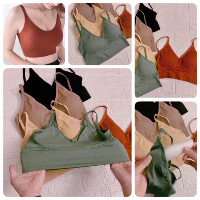 Áo bra gân khoét chữ U xẻ ngực sâu, áo bra hai dây dáng croptop có đệm nâng ngực phong cách thời thượng sang chảnh