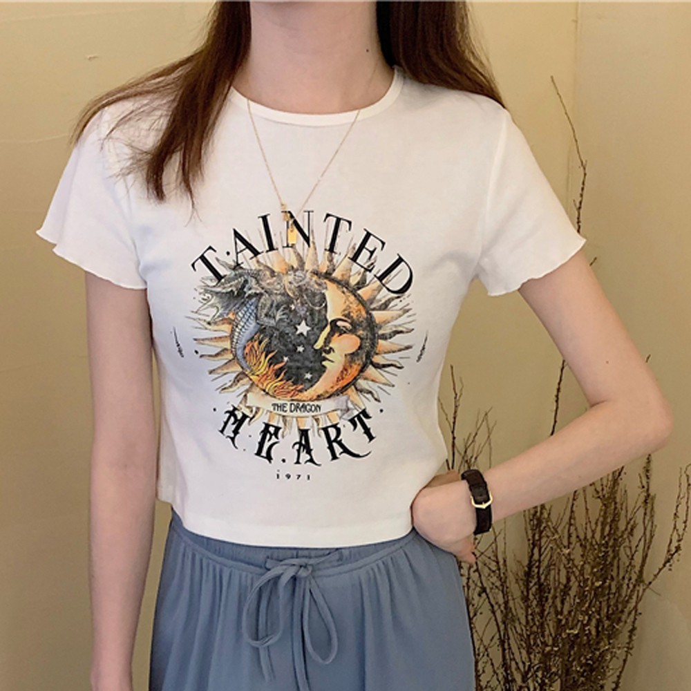 Áo croptop Thun Nữ Tay Ngắn In Hình Hoa Cúc Và Mặt Trời Phong Cách Hàn Quốc