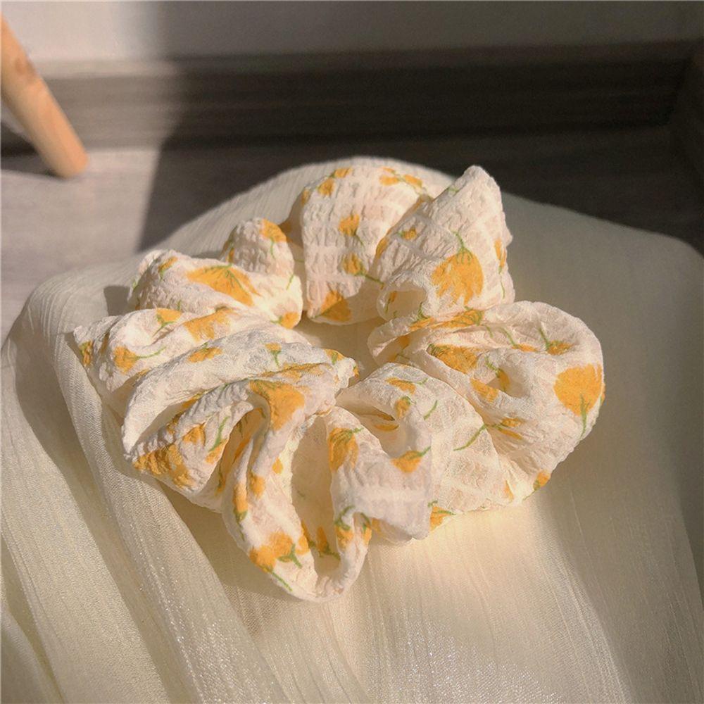 Dây Cột Tóc Vải In Hoa Màu Ngà Xinh Xắn Cho Nữ