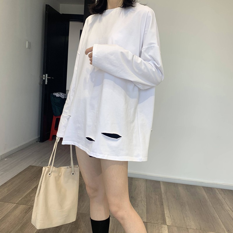 Áo Sweater Tay Dài Vải Cotton Phối Rách Cá Tính Thời Trang