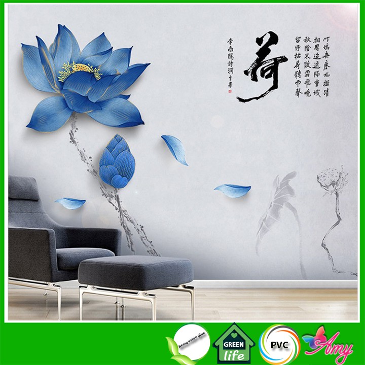 [CHẤT] Decal dán tường Hoa sen xanh thủy mặc trang trí phòng khách siêu đẹp AmyShop