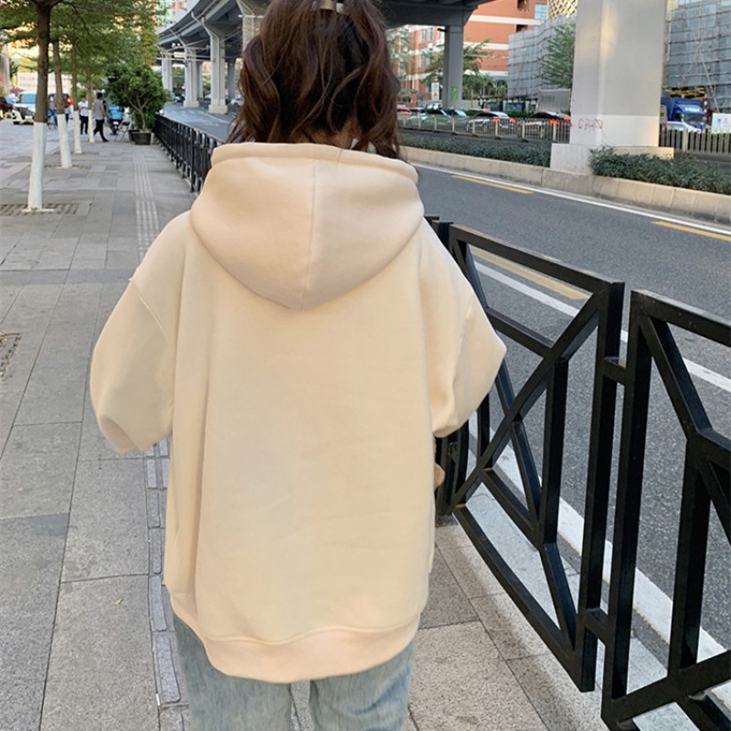 Áo Khoác Tay Dài Có Nón Lót Lông Cừu Dày Dặn Dáng Rộng In Họa Tiết Hoạt Hình