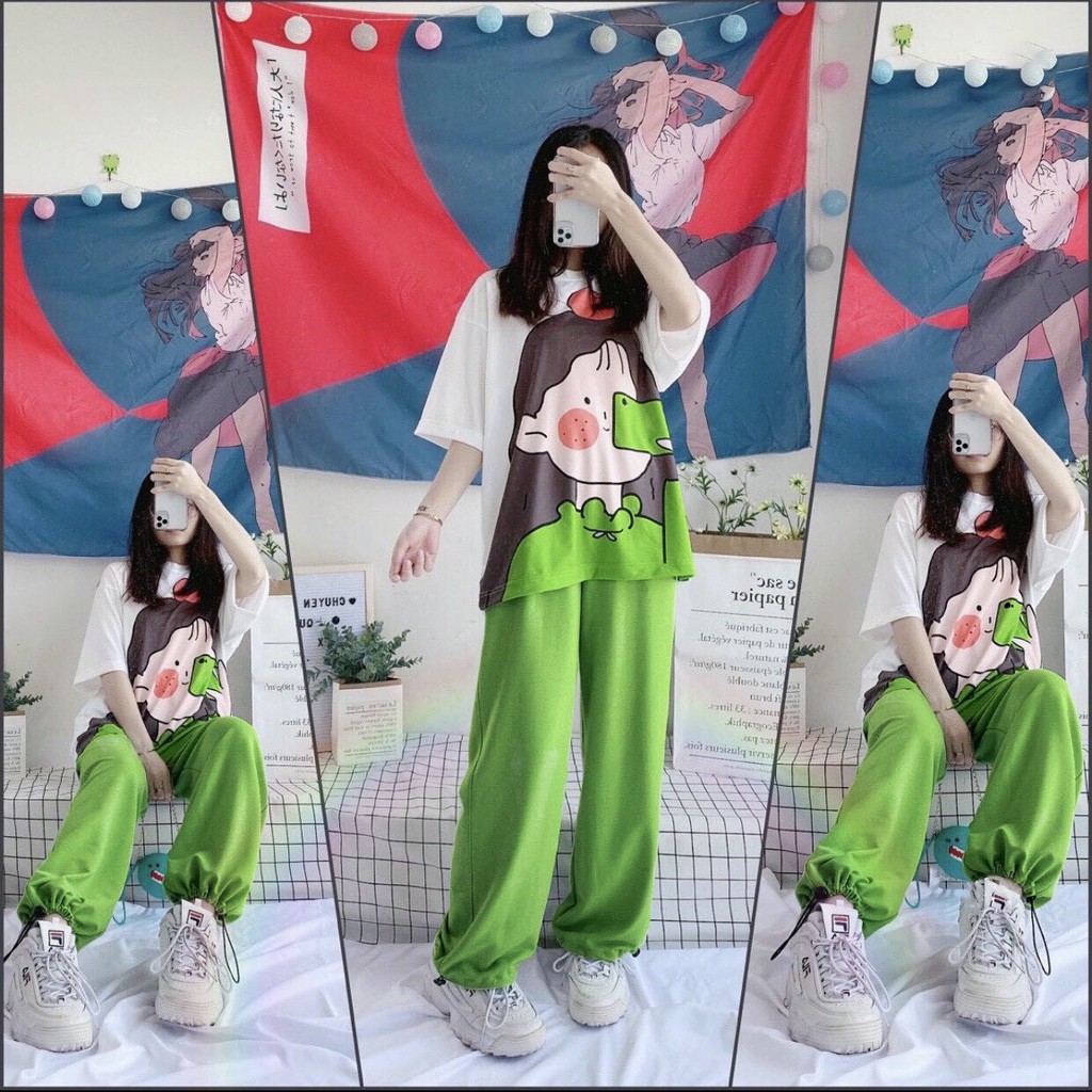 Bộ Áo Thun Tay Lỡ Cô Gái Quả Đào + Quần Bom Chun Gấu Xanh Neon Hot