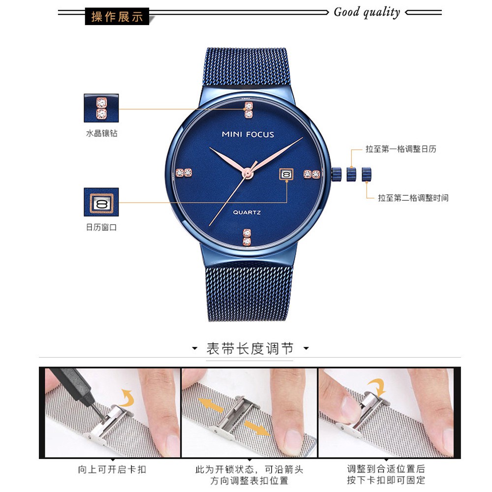 MINI FOCUS Đồng Hồ Đeo Tay Quartz MINI Bằng Thép Không Gỉ Chống Thấm Nước Kiểu Doanh Nhân Cho Nam