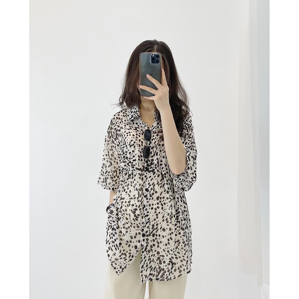 (FREESHIP) Áo sơ mi cộc họa tiết da beo