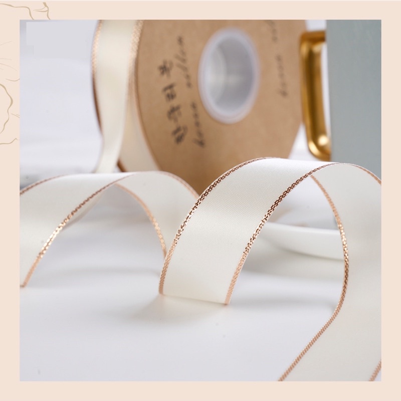 Ruy băng satin lụa mờ viền vàng hồng