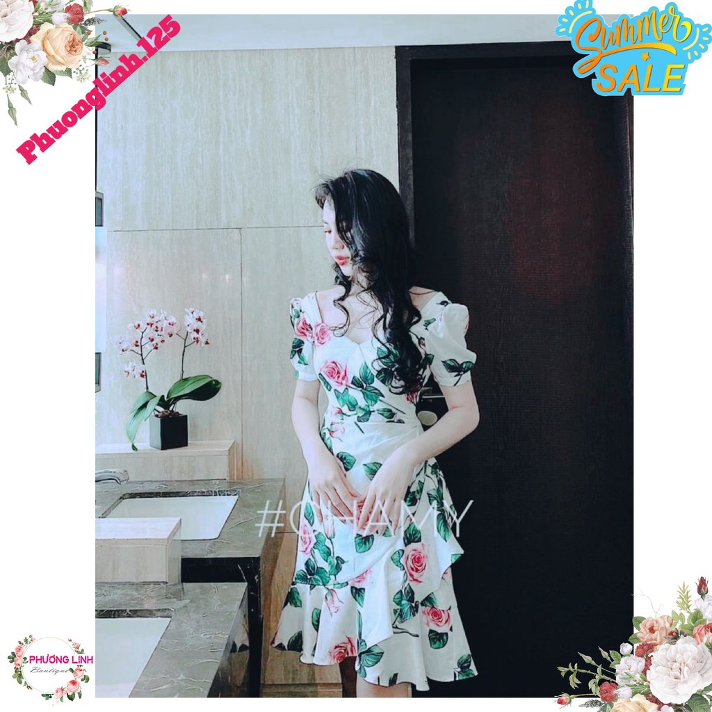 VÁY TRẮNG HOA HỒNG VẠT BÈO ĐUÔI CÁ | BigBuy360 - bigbuy360.vn