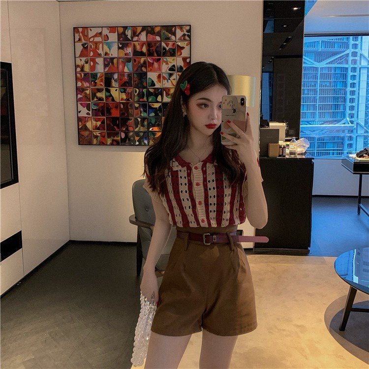 Áo khoác cardigan ZHELIHANGFEI dệt kim tay ngắn cổ polo khoét rỗng thời trang