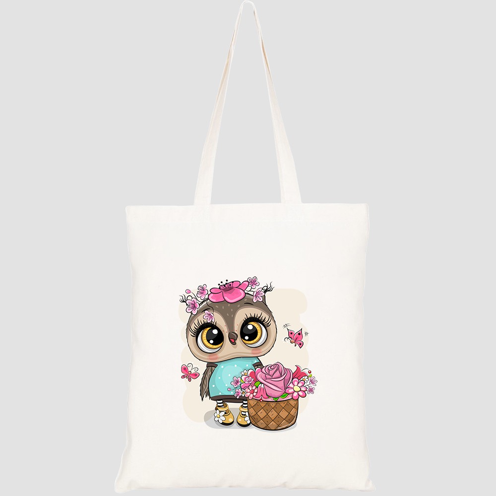 Túi vải tote canvas HTFashion in hình cute cartoon owl flowers on HT365