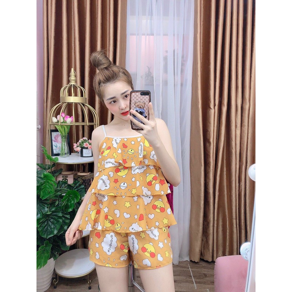 Đồ bộ ngủ, đồ bộ đùi lụa hàn 2 dây bèo 3 tầng siêu kute | BigBuy360 - bigbuy360.vn