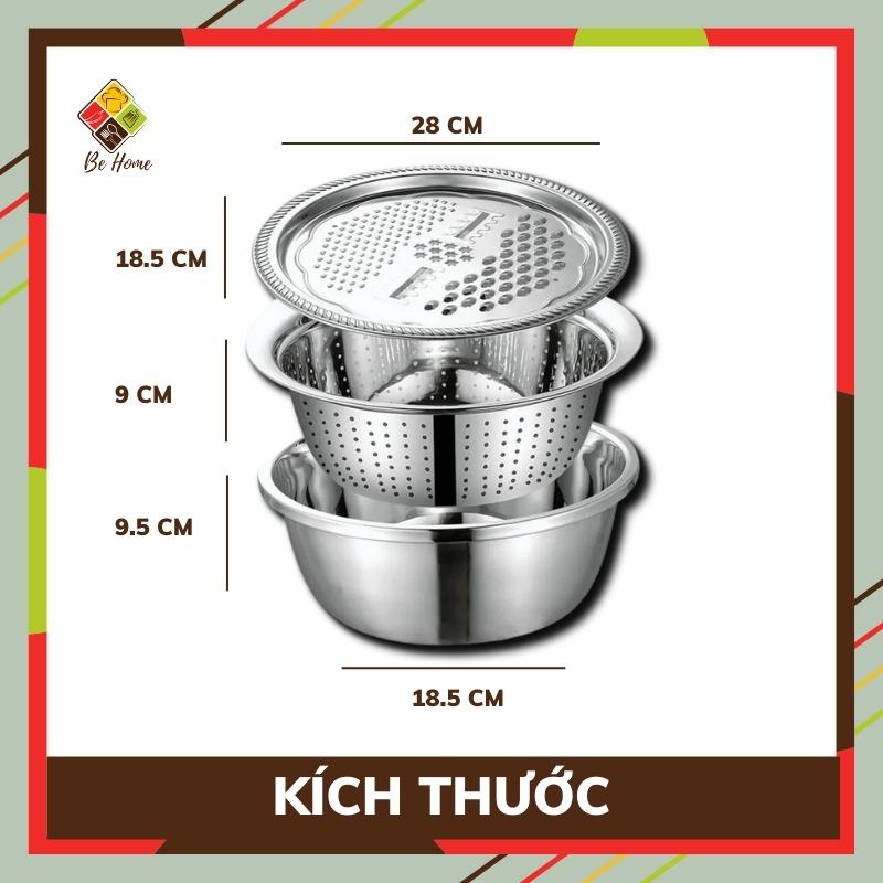 Bộ nạo rau củ 3 món bào BEHOME Rổ nạo rau củ kiêm rổ và chậu inox cao cấp đa năng tiện lợi dùng nhà bếp