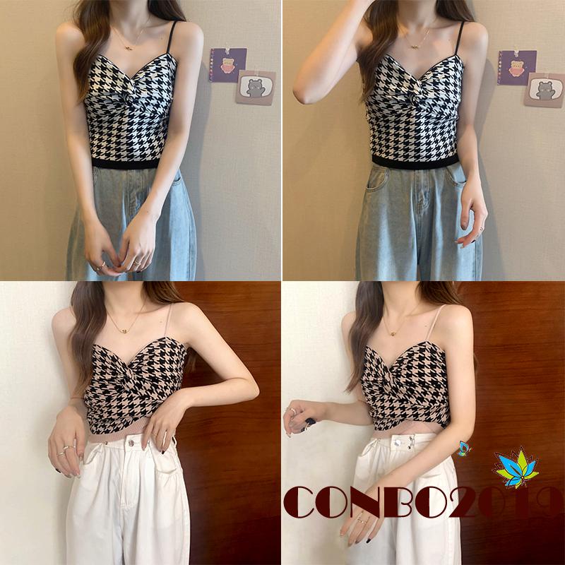 Hgm- Áo Tank Top Ôm Dáng Thắt Nút Họa Tiết Houndstooth Thời Trang Mùa Hè Cho Nữ
