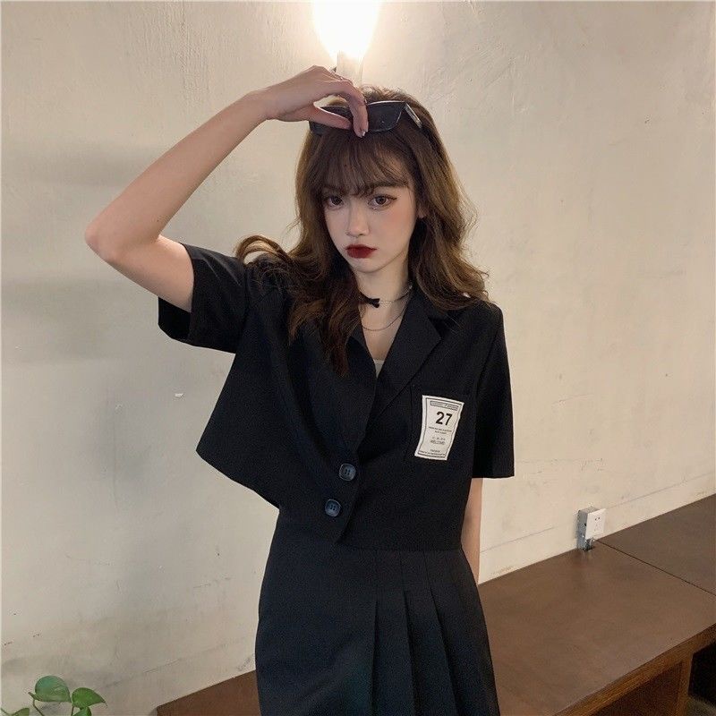 Áo Khoác Vest Tay Ngắn Dáng Rộng Màu Đen Phong Cách Hàn Quốc Thời Trang Mùa Hè Cho Nữ