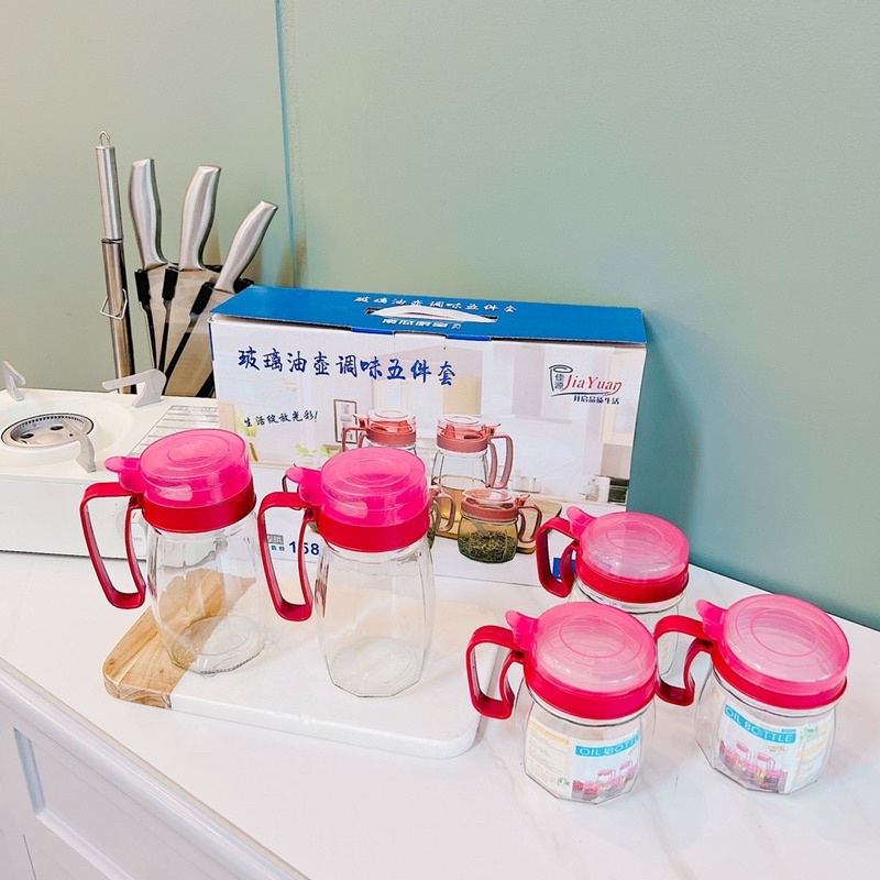 SET 5 LỌ GIA VỊ THUỶ TINH SIÊU ĐẸP NẮP HỒNG ĐẬM