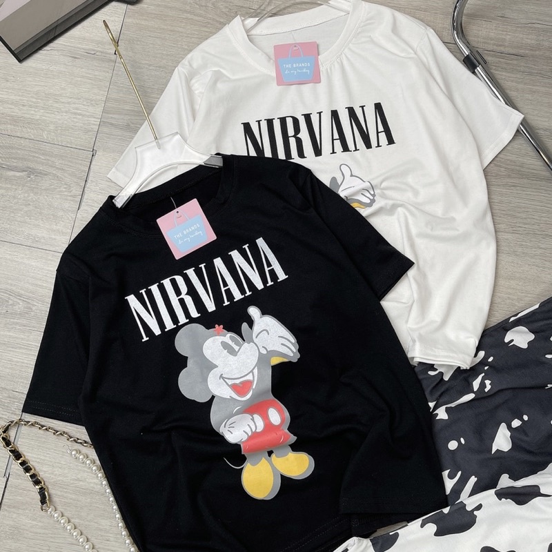 Bộ áo mickey quần dài bò sữa set áo mix quần ống rộng suông dài