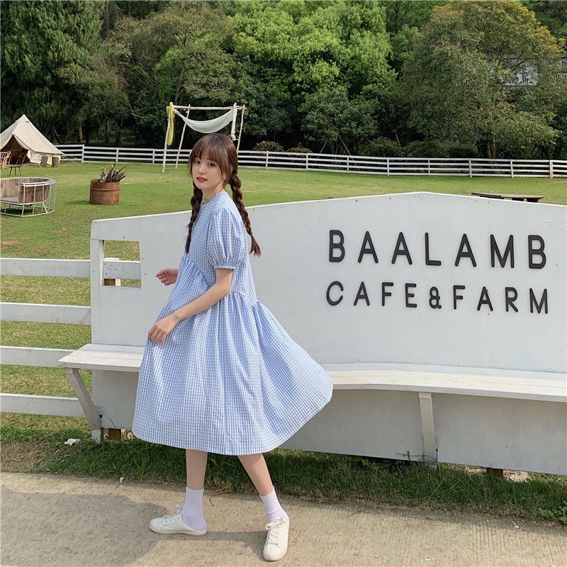 Váy babydoll Đầm Dáng Rộng Tay Phồng Họa Tiết Kẻ Sọc Màu Xanh Dương Ngọt Ngào Phong Cách Hàn Quốc Thời Trang Mùa Hè Cho Nữ