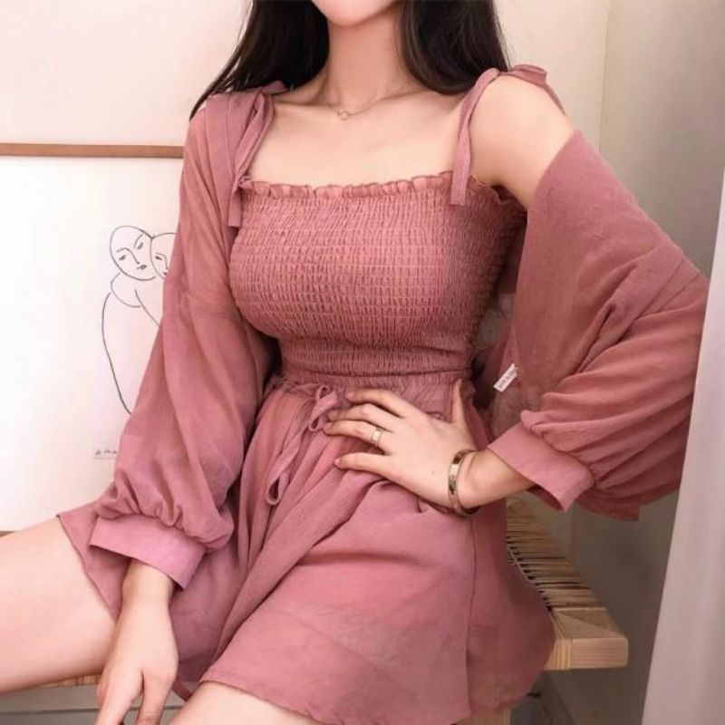 sét 3 món Áo ống voan Quần đùi ống rộng giả váy Áo khoác sơ mi voan mỏng nhẹ cột vạt phối ngoài siêu sang chảnh