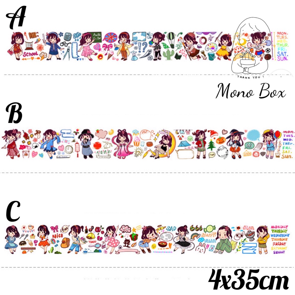 [Chiết] Washi tape mã CB019 4x35cm, băng keo dán trang trí họa tiết chibi Mono_box