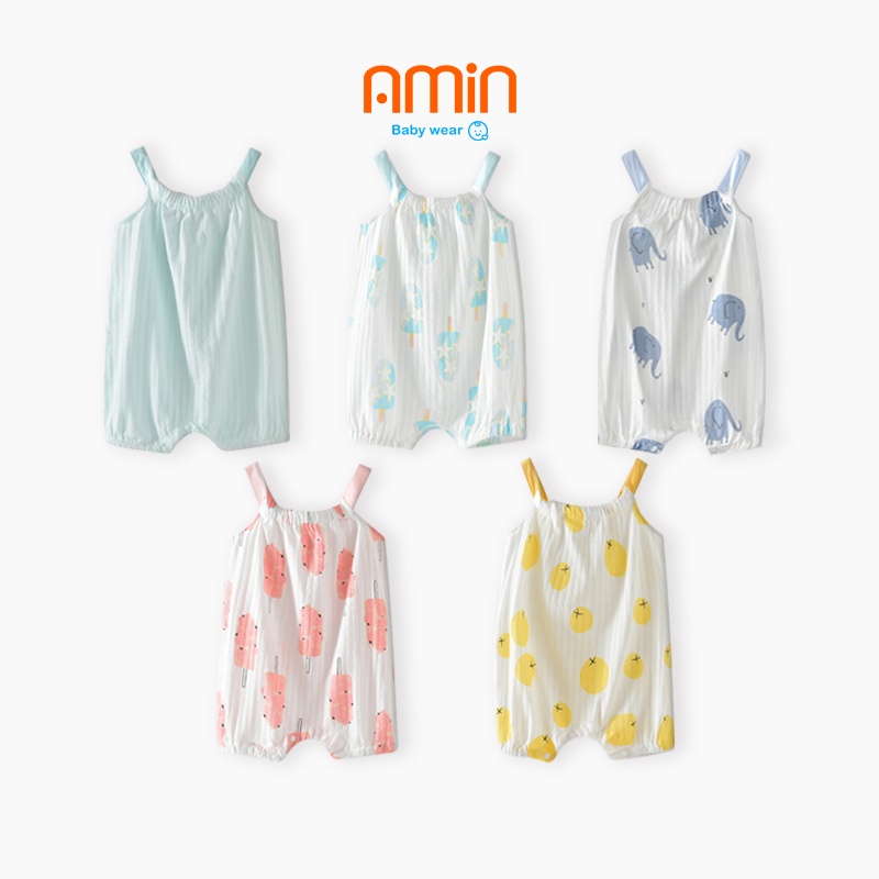 Romper hai dây bé gái sơ sinh, body đùi chất cotton họa tiết dễ thương