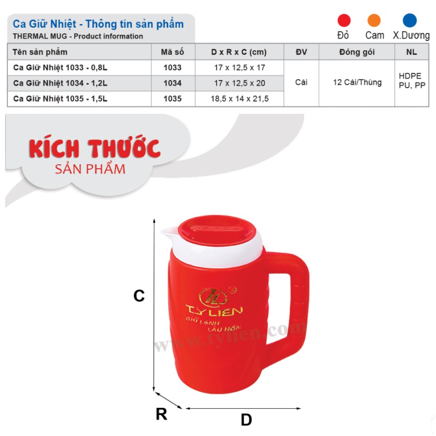 Ca giữ nhiệt dung tích 800ml-1200ml-1500ml giữ lạnh trên 36h nhựa pp chính phẩm an toàn sức khỏe thương hiệu Tý Liên