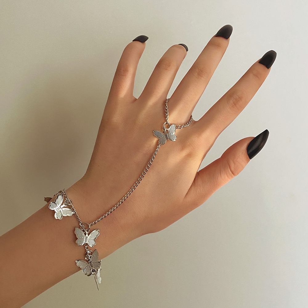 Nhẫn Hình Bướm Dây Xích Dài Màu Vàng/Bạc Phong Cách Punk Thời Trang Cho Nữ