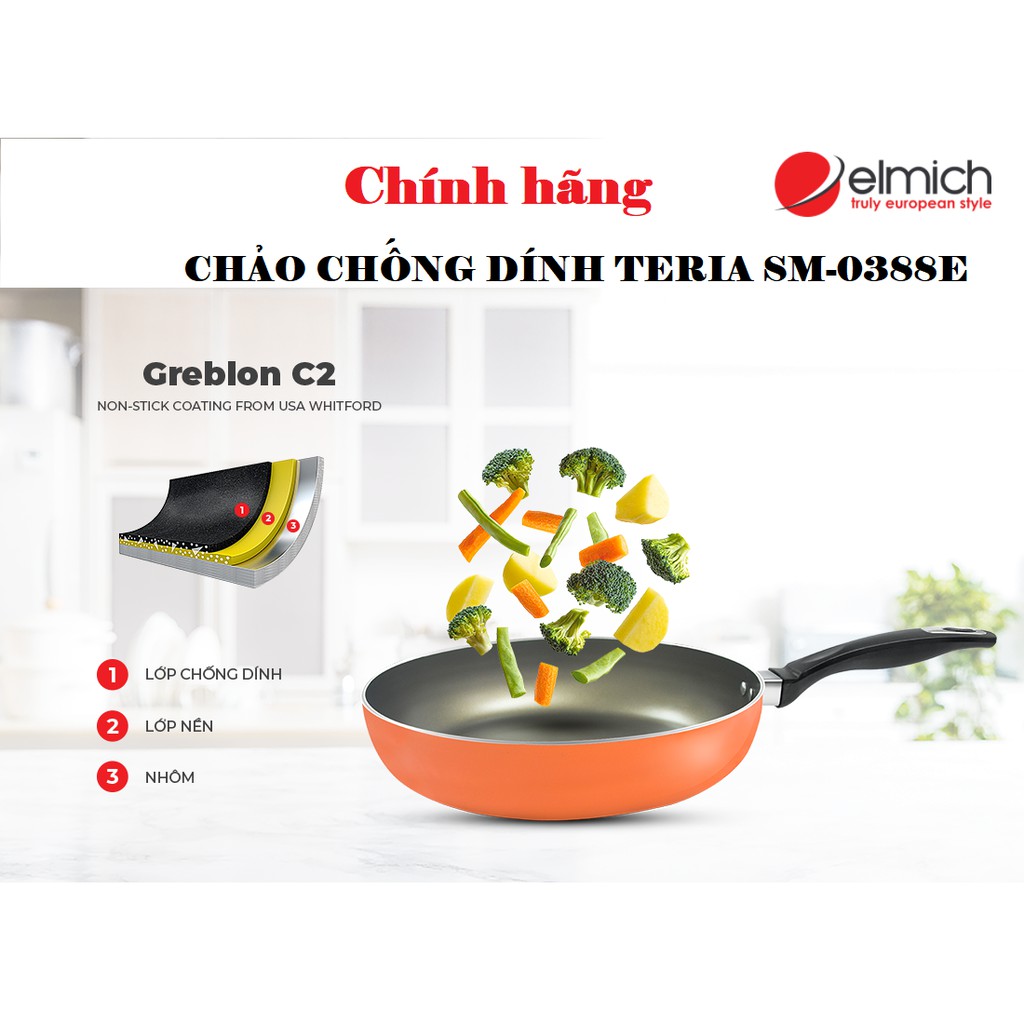 Chảo chống dính Elmich Teria SM0388E 20 cm, chất liệu hợp kim nhôm, phủ 2 lớp chống dính, cán chảo cách nhiệt an toàn