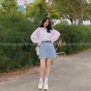 Chân váy jean ngắn xếp ly, khoá lưng da [STORY] CV280 (ảnh thật)