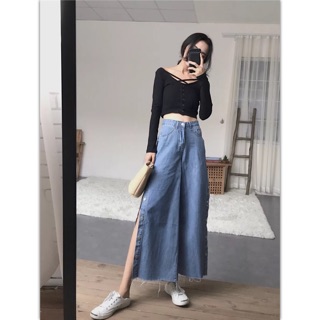 Quần bò ống rộng xẻ đính cúc (order)❤️❤️❤️