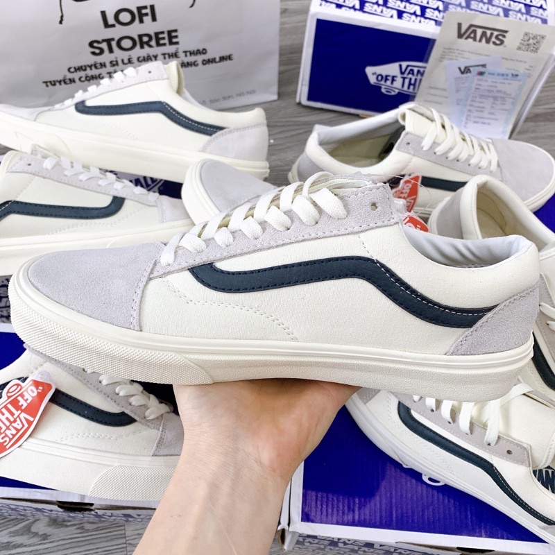 [ẢNH THẬT-HÀNG THẬT]Giày sneaker V Style 36 trắng kẻ xanh than cho nam và nữ.Đôi giày không thể thiếu cho giới trẻ 2019