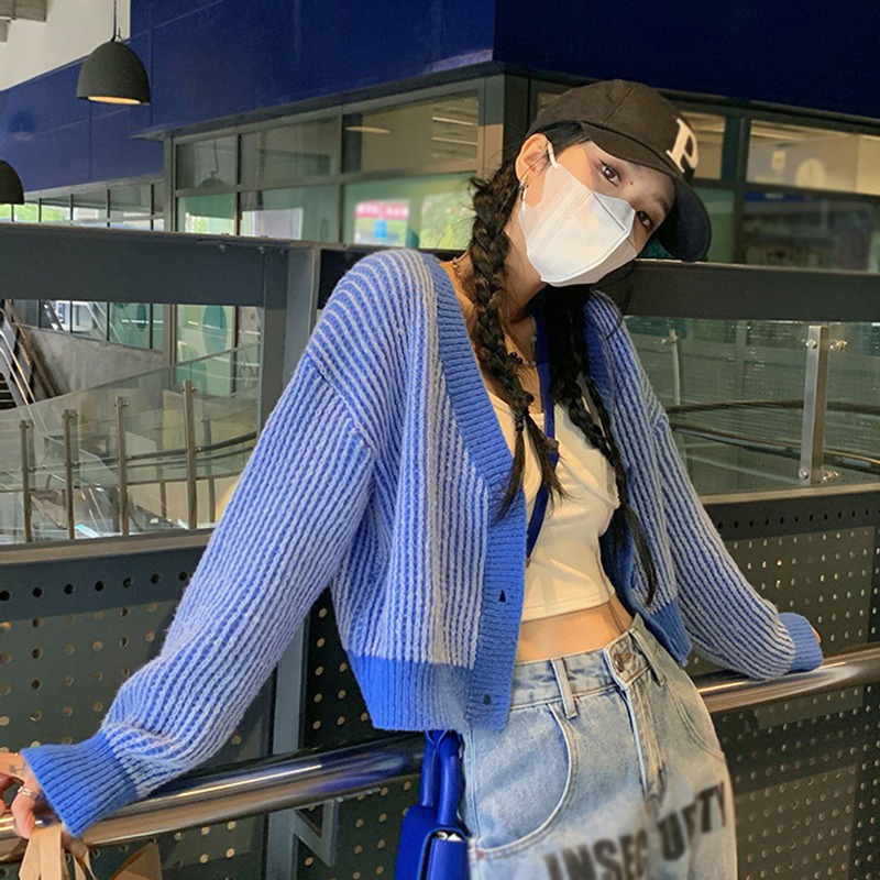 Áo Khoác Cardigan Dệt Kim Cổ Chữ V Họa Tiết Kẻ Sọc Màu Tương Phản Phong Cách Hàn Quốc Cho Nữ