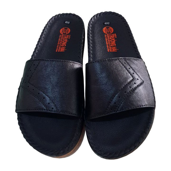 Dép nam quai ngang da bò màu Đen đế cao 3cm Trường Hải may viền chắc chắn DDN134