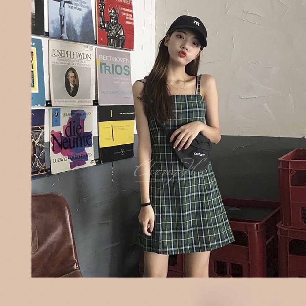 Váy / Đầm 2 dây chữ A kẻ caro dáng ngắn buộc dây xanh basic đơn giản phong cách sexy cá tính V00077