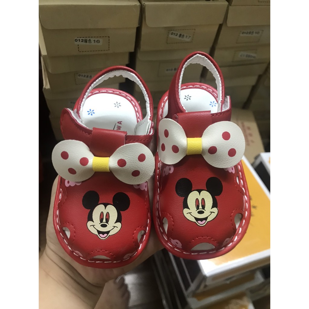 (Hàng mới về)Dép rọ sandal tập đi Chuột Micky nơ xinh xắn đế mềm chống trơn chống vấp cho bé gái 0-2 tuổi