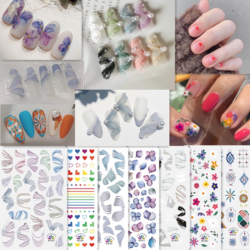 Sticker nơ hoa lá trái tim nail, decal sticker dán móng tay hoa cỏ bốn lá 3D 5D trang trí nail