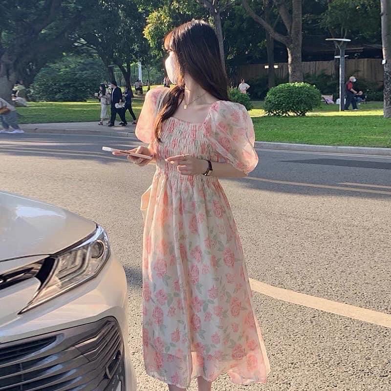 Đầm váy hoa hồng cổ vuông tay bồng nàng thơ Vintage