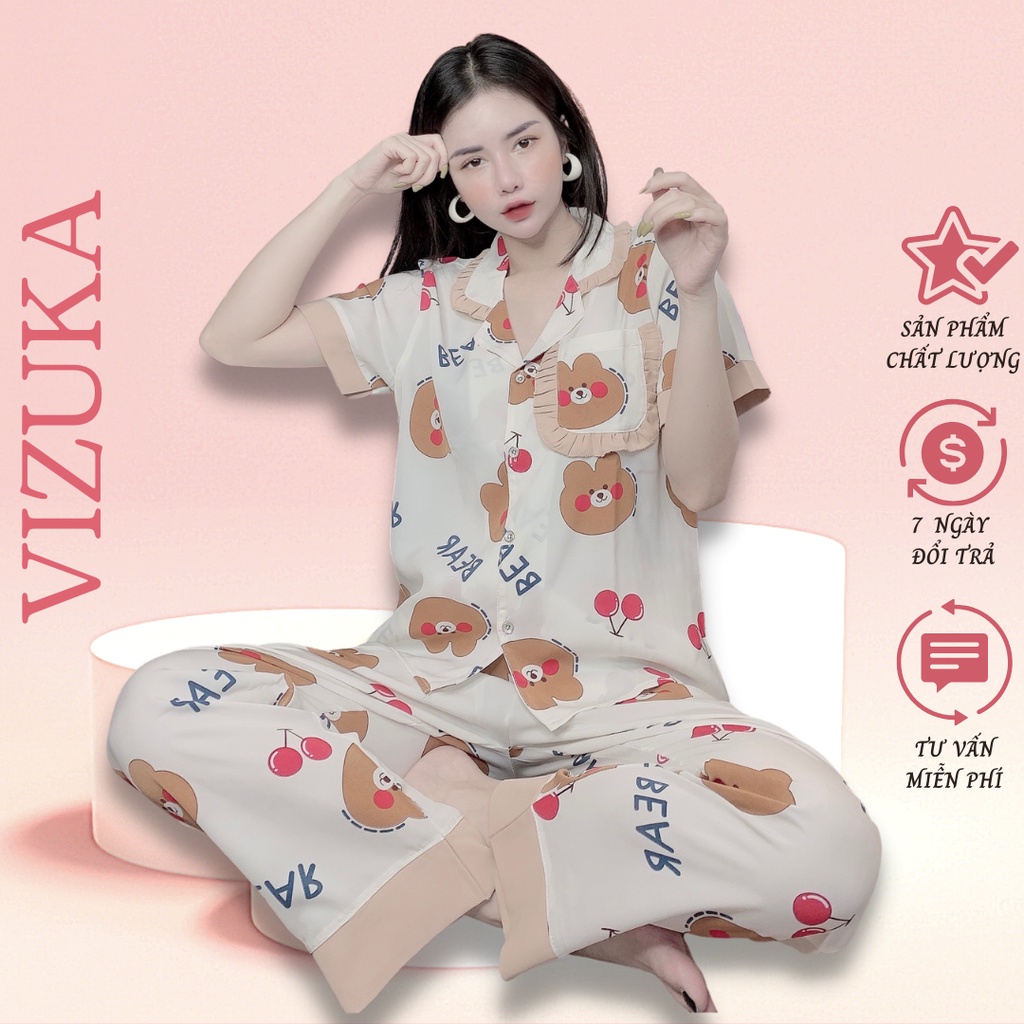 Đồ bộ nữ pijama tay ngắn lụa thiết kế mặc nhà họa tiết cute VIZUKA