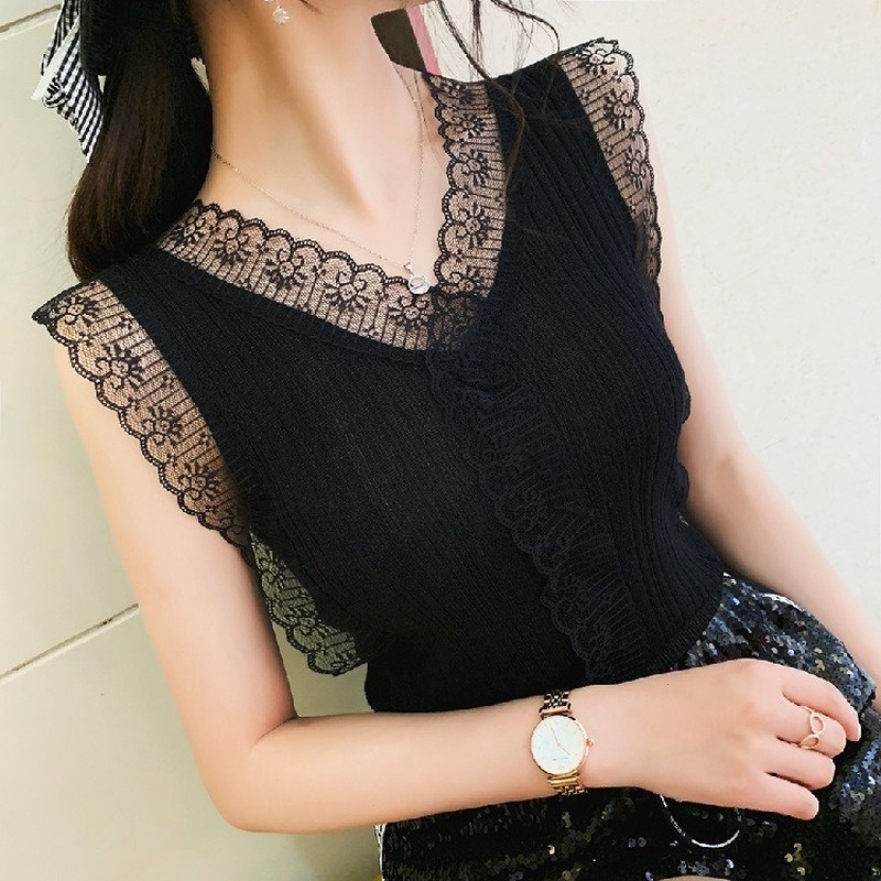 Áo dệt kim không tay cổ chữ V phối ren thời trang dành cho nữ | BigBuy360 - bigbuy360.vn