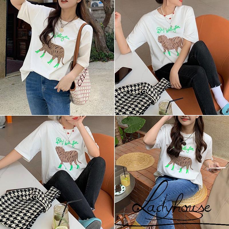 Áo Thun Tay Ngắn Cổ Tròn In Họa Tiết Hổ Và Chữ Thời Trang Cho Nữ