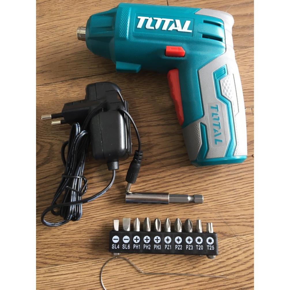 Máy bắn vít cầm tay TOTAL TSDLI0402 kèm 10 mũi vít 25mm, 1 mũi từ, 1 sạc, dụng cụ siết vít mini dùng pin Lithium 4V