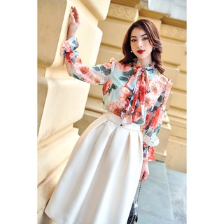 Sơ mi lụa hoa cổ bèo thắt nơ -HBSM868